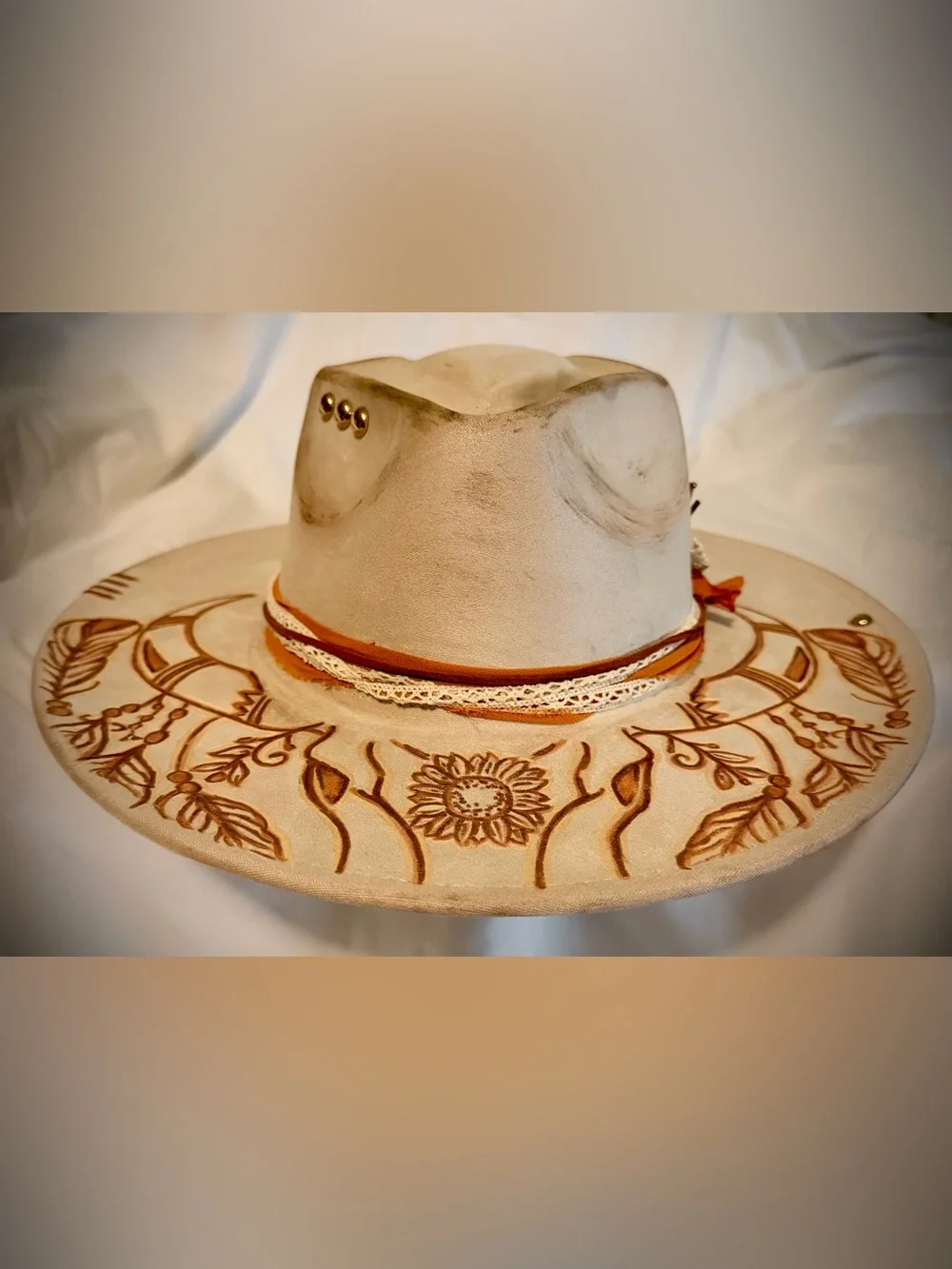 Beige Western Vegan Suede Wide Brim with arrow head crown